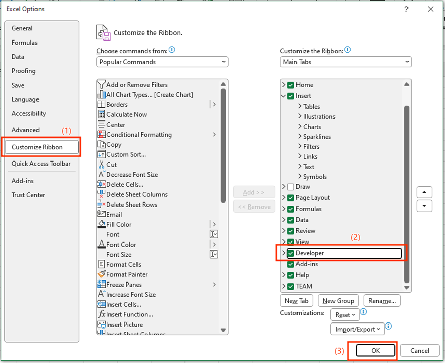 enable developer mode in excel option dialog box