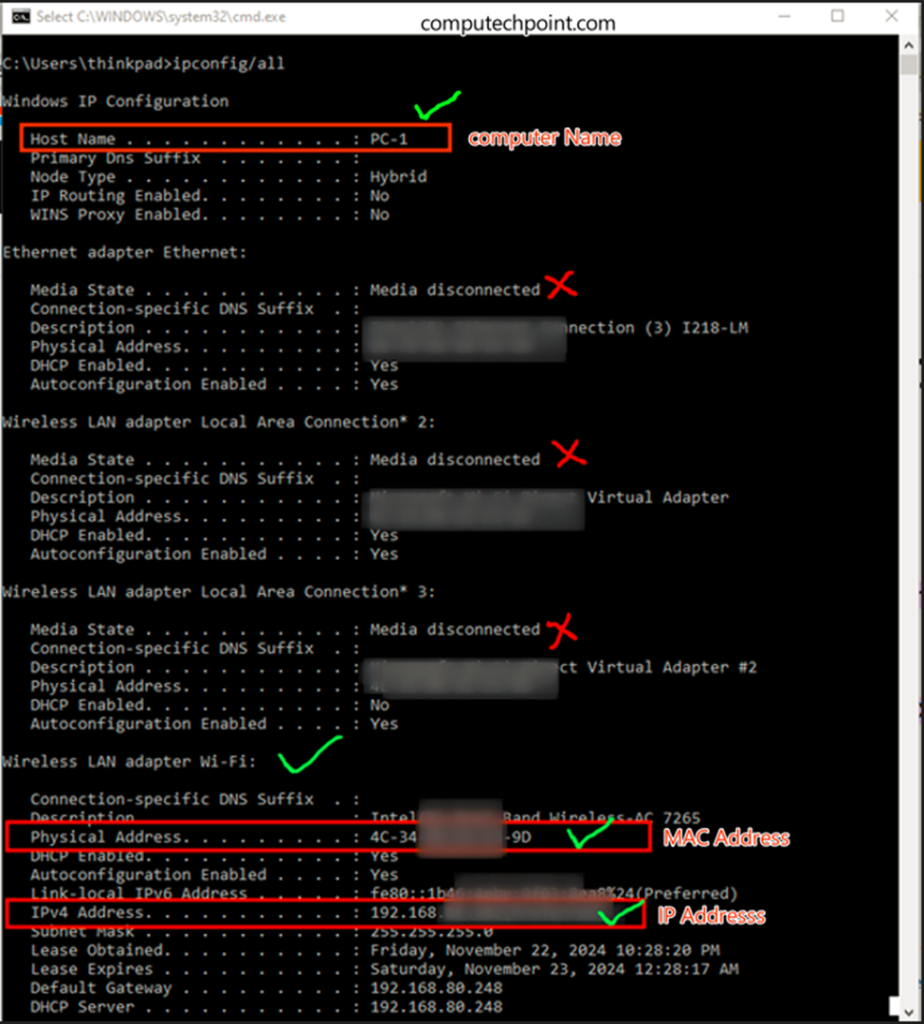  find your computer name, IP address, and MAC address using the ipconfig/all 