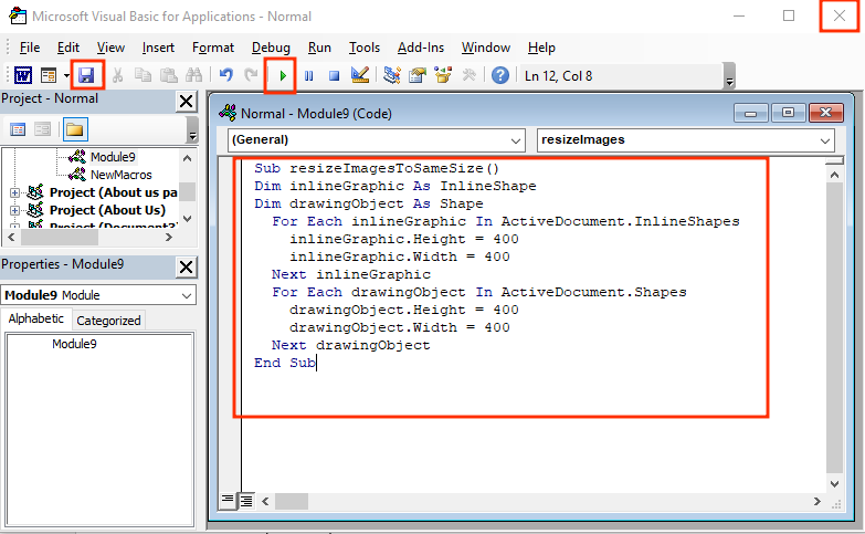 resizing all images to the same size VBA Code