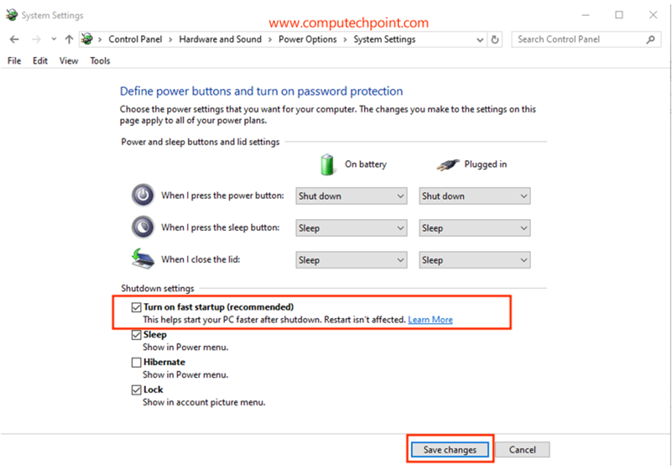 enable &  disable fast start up in windows