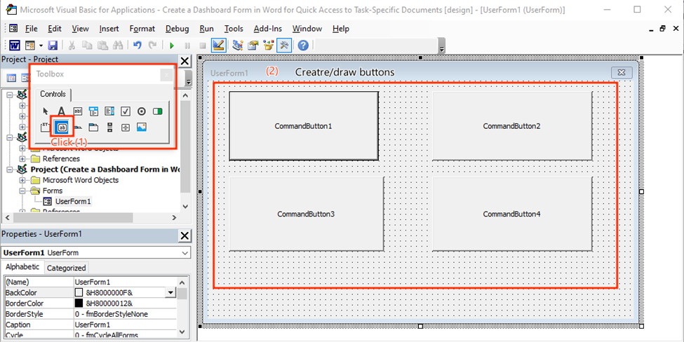 Creating Form in Word VBA Editor for Task-Specific Startup Dashboard in Word