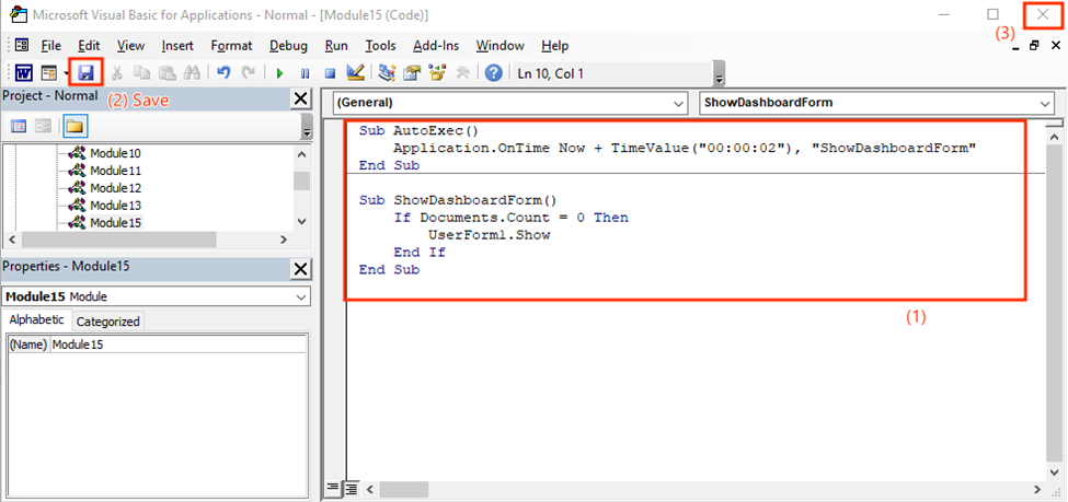 VBA Code to Show Task-Specific Startup Dashboard in Word