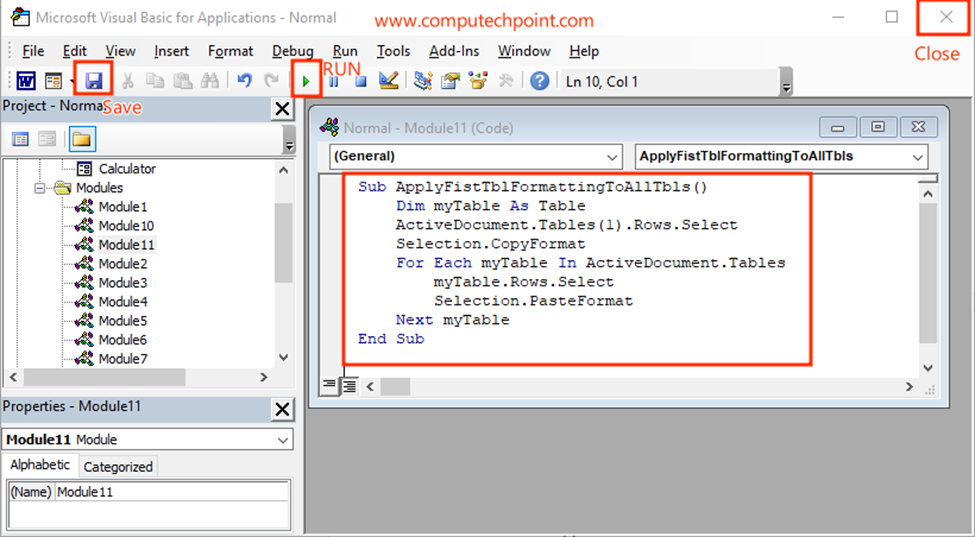 VBA Code to Apply first Table formatting to all the tables in a word document with a single click