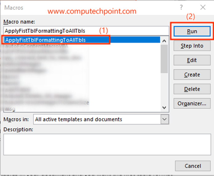 RUN VBA Code to Apply first table formatting to all the tables in a word document with a single click