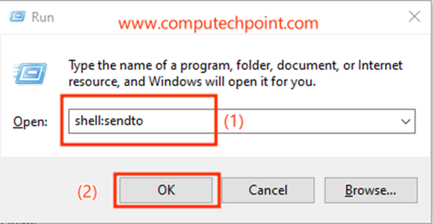 Run dialog box to open Send To Directory in windows