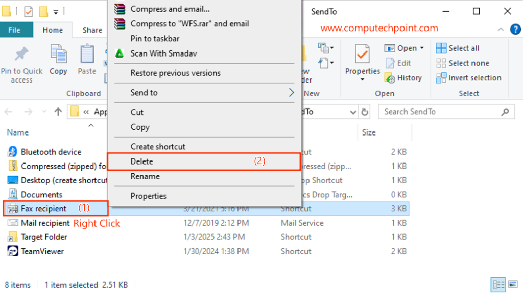 Deleting a Specific Application, file or folder from Send To Options