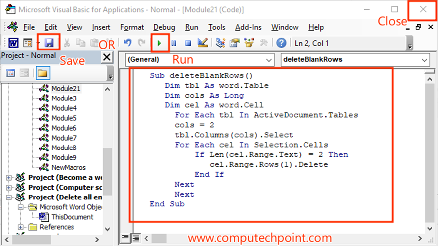 VBA Code to Delete empty rows from all tables with one click in word
