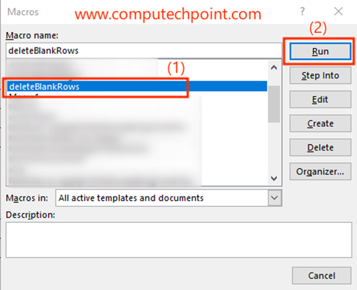delete all empty rows from all tables in word