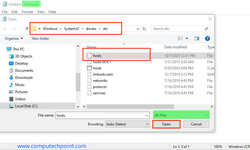 Open Windows hosts file